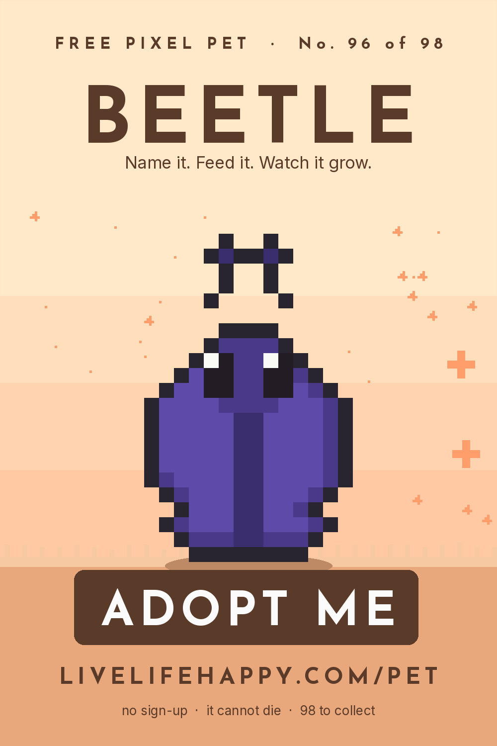 Animated pixel art trading card, number 96 of 98, Beetle, with the words adopt me