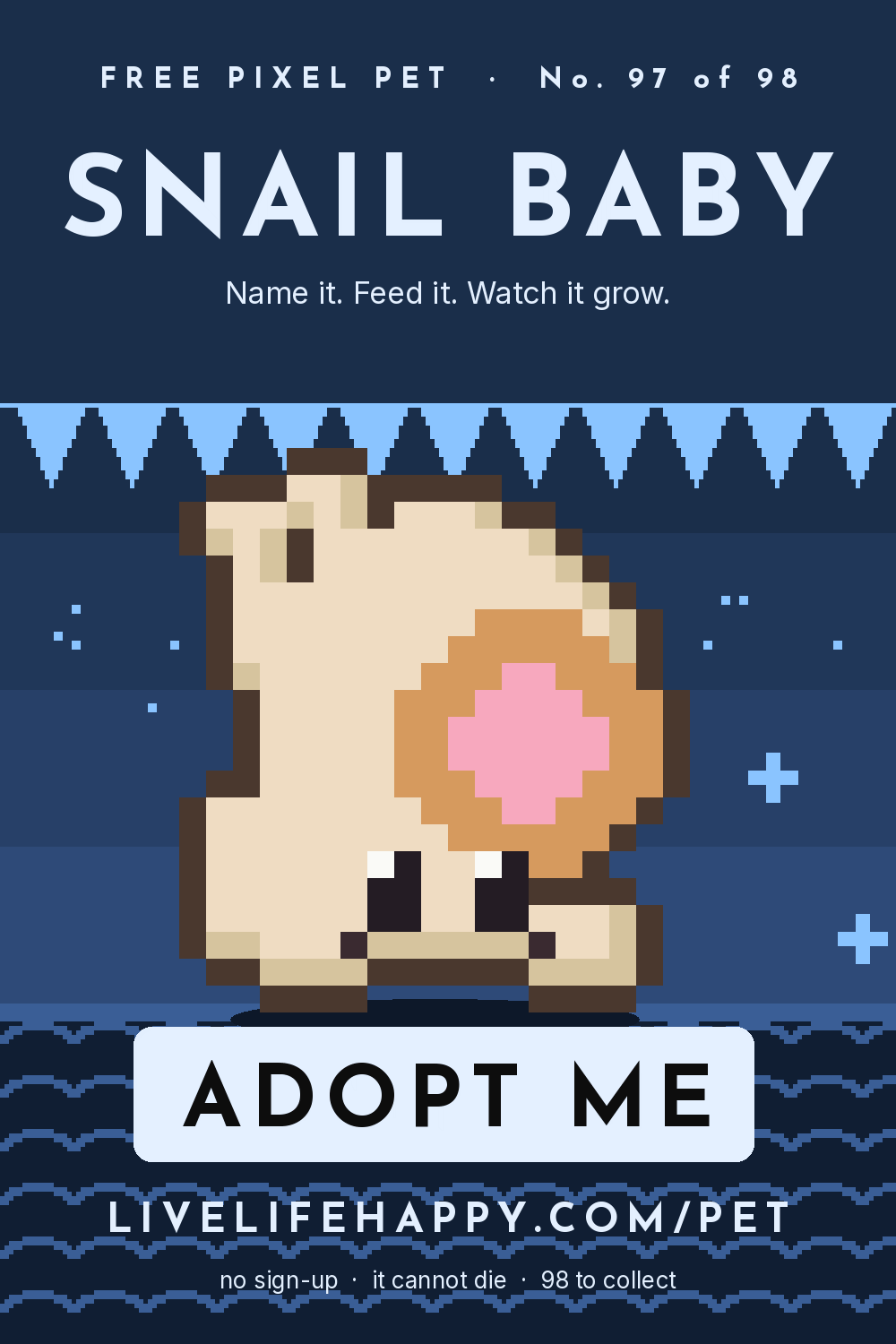 Animated pixel art trading card, number 97 of 98, Snail Baby, with the words adopt me