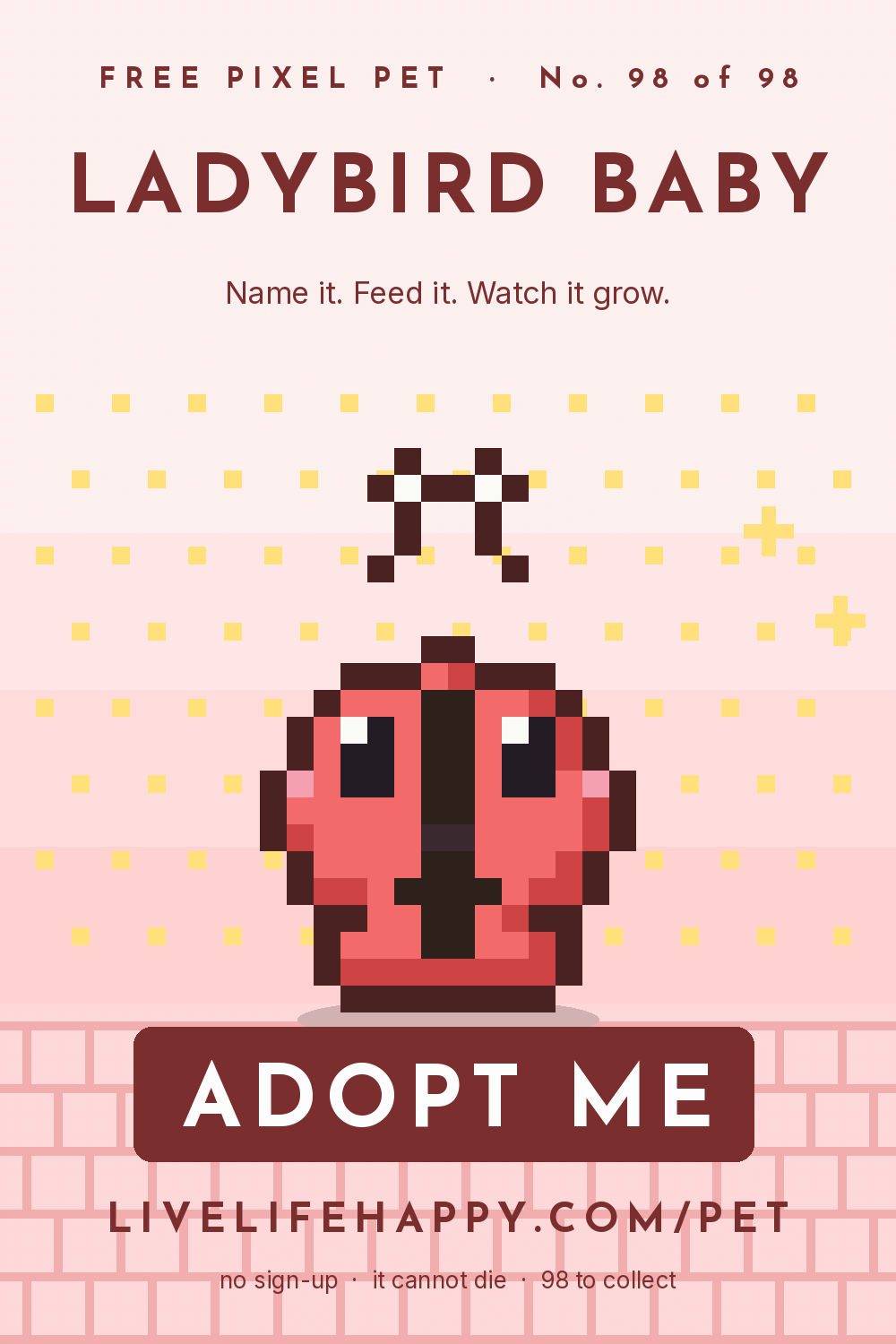 Animated pixel art trading card, number 98 of 98, Ladybird Baby, with the words adopt me