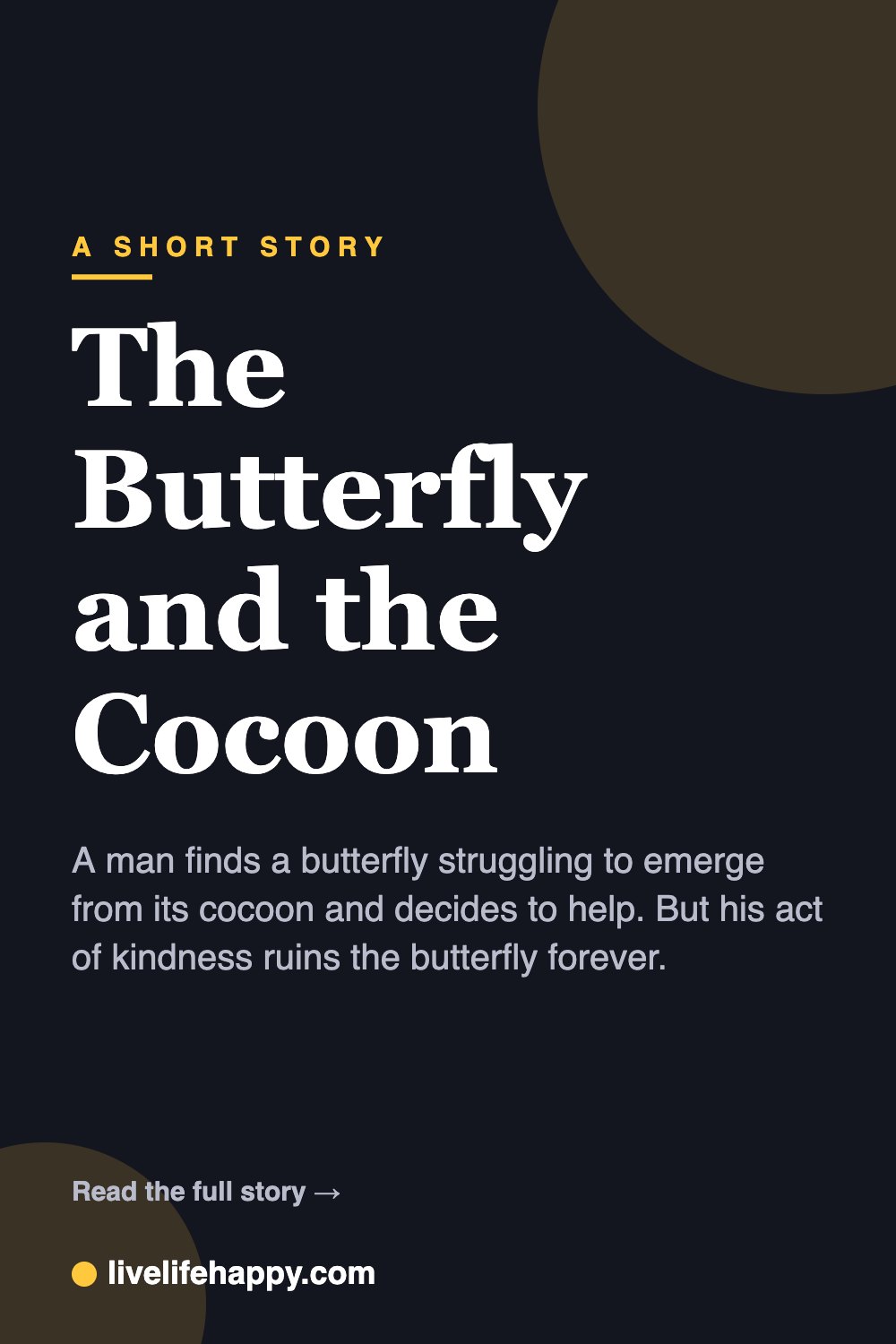 The Butterfly and the Cocoon — A man finds a butterfly struggling to emerge from its cocoon and decides to help. But his act of kindness ruins the butterfly forever.